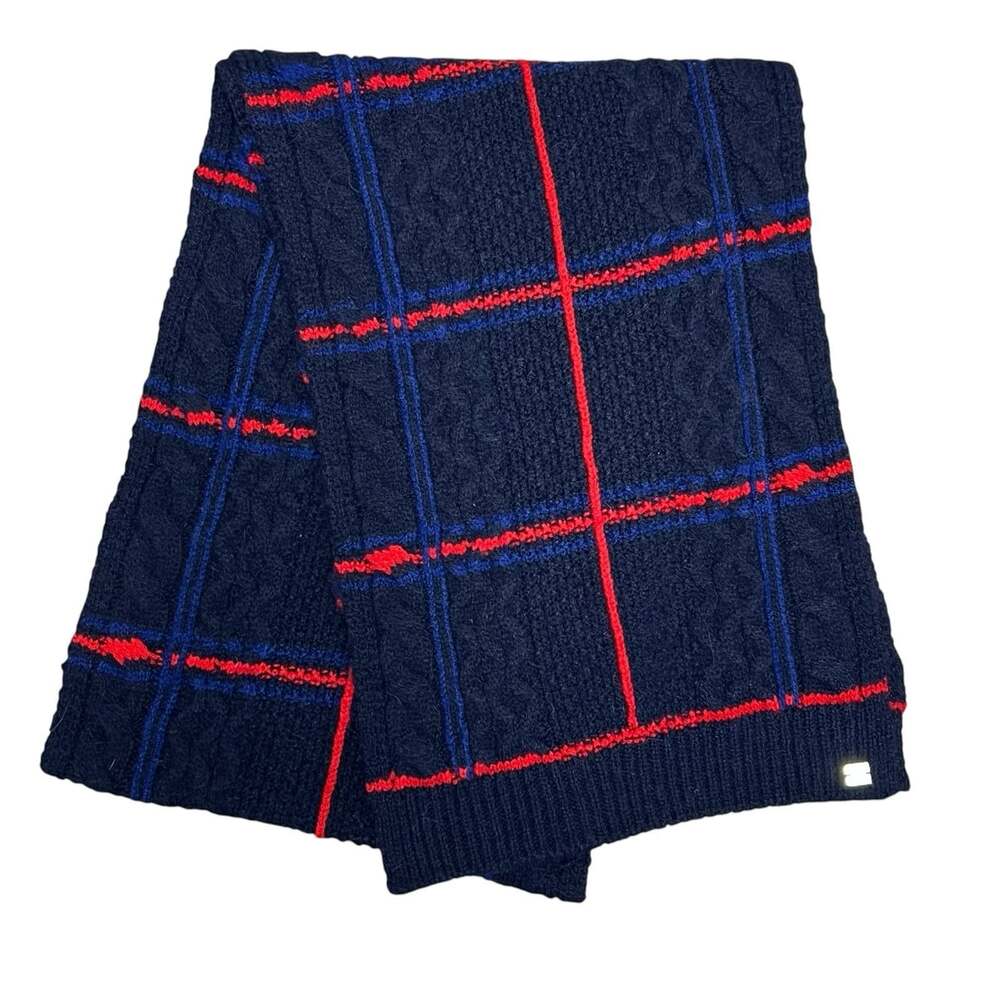 NWT Lauren Ralph Lauren Plaid Scarf Navy Red Blue Wool Blend 70” Preppy O/S
